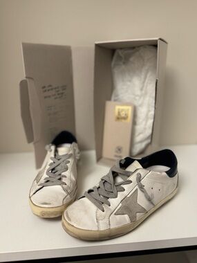 Golden Goose Italian White Leather Sneakers with Gray & Navy Accents EU37